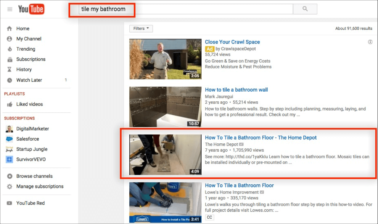 YouTube Tile Bathroom Keyword/Intent/Context Example