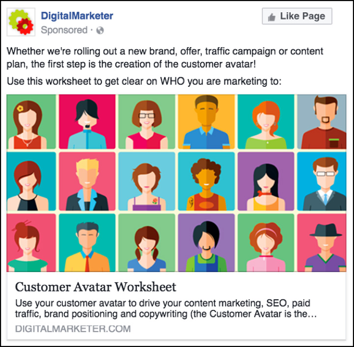 DigitalMarketer Facebook-Anzeige für das Kunden-Avatar-Arbeitsblatt