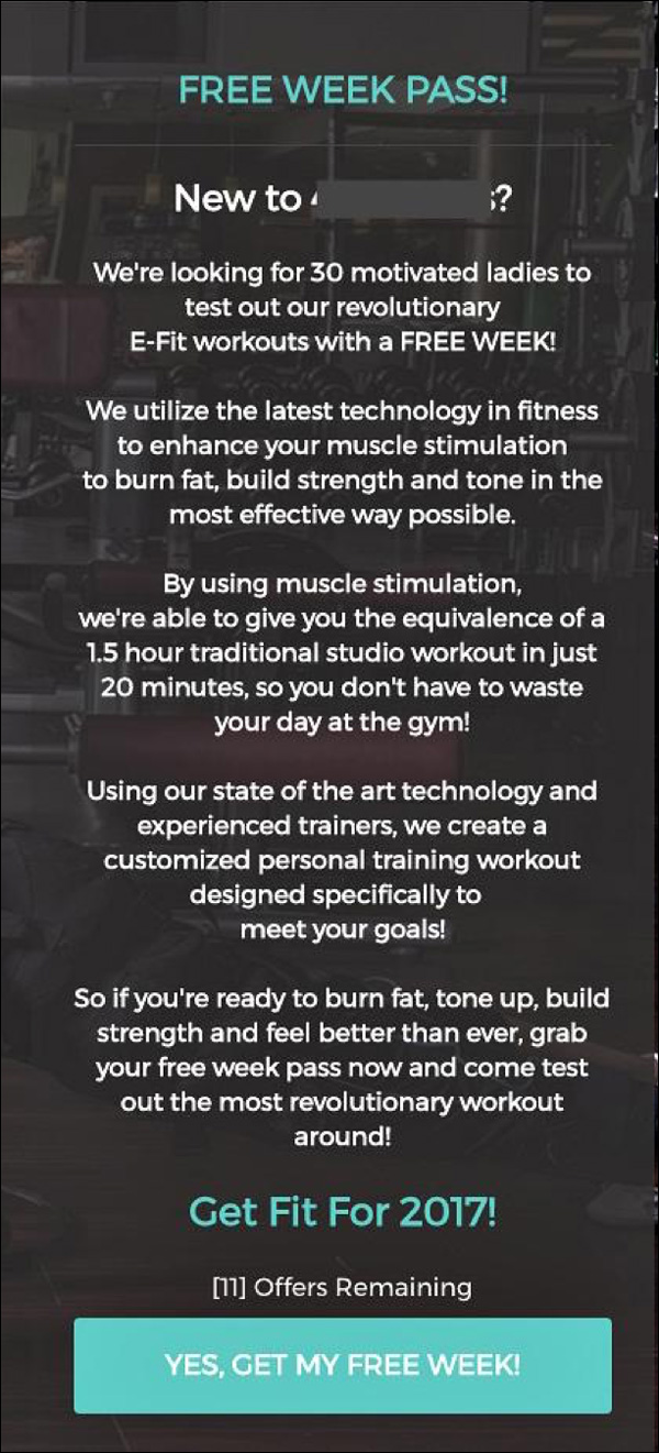 The copy of the landing page