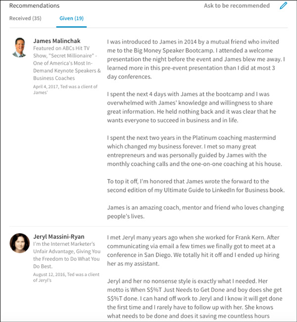 LinkedIn recommendations Ted's given
