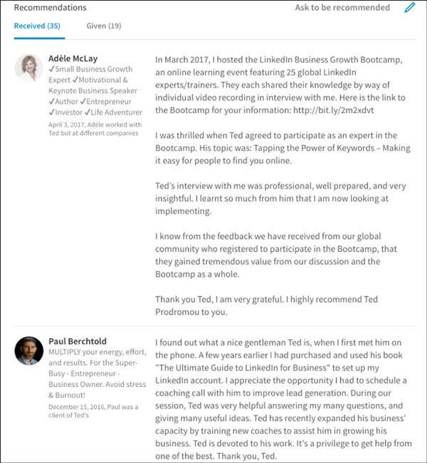 LinkedIn recommendations Ted's received 