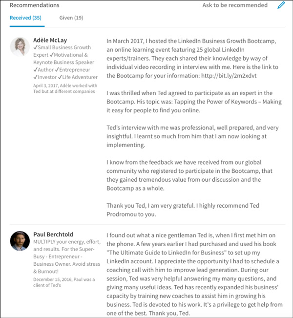 LinkedIn recommendations Ted's received