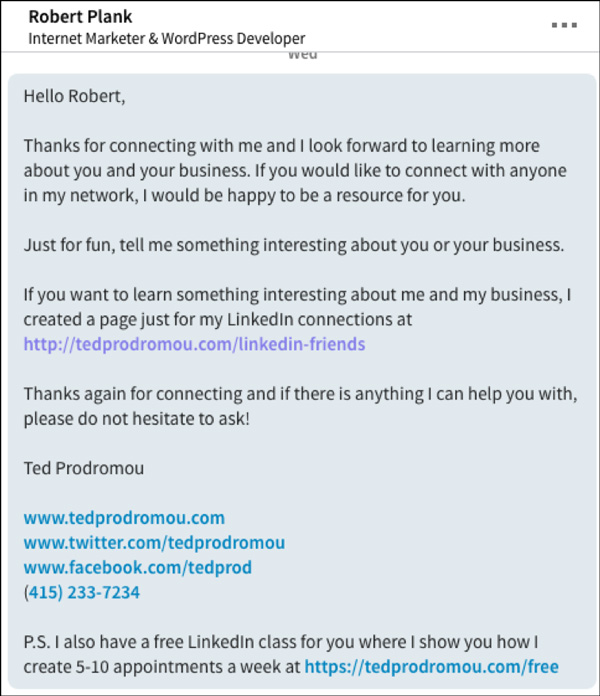LinkedIn Welcome Message example