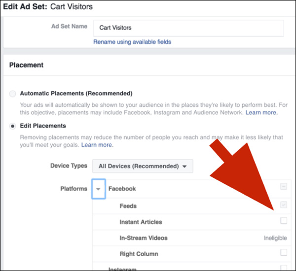 In your Ad Set, edit the placements to exclude everything except Facebook Feeds.
