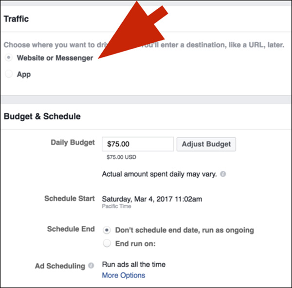 Make sure your traffic destination is “Website or Messenger.”
