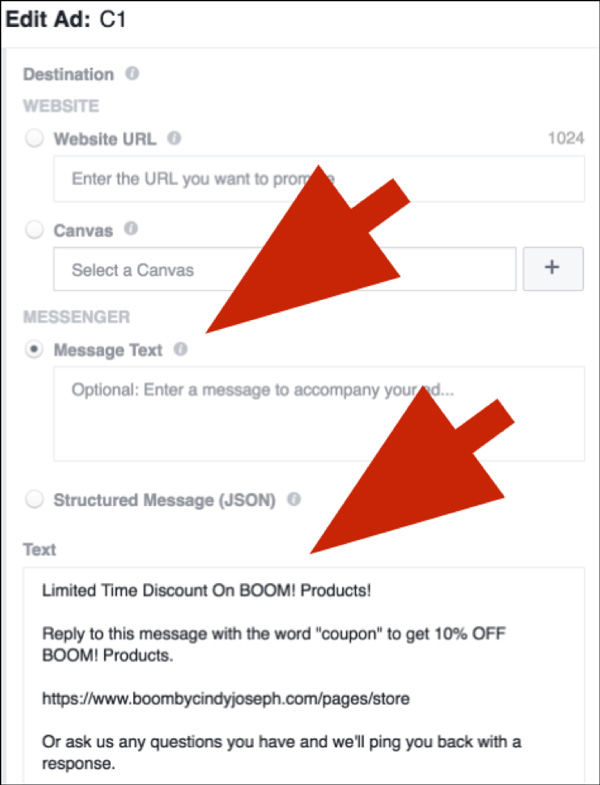 Select “Messenger Text” under “Destination.”