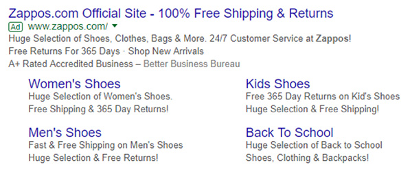 Zappos promoting their return policy within their paid advertisement on Google
