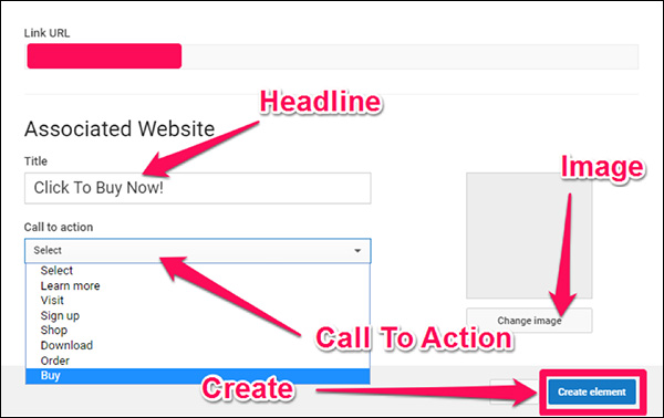 The final window gives you the chance to give your link element a headline, CTA button, and image