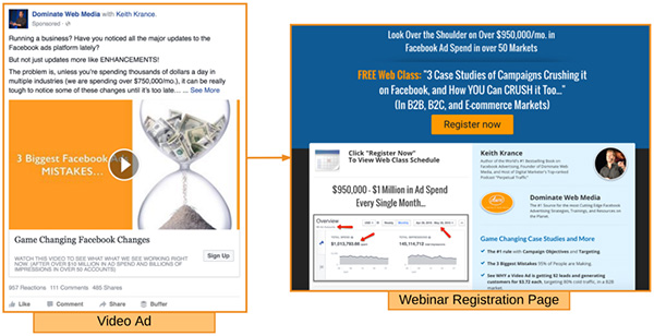 An example of a Facebook video ad with long copy that links out to a webinar registration page