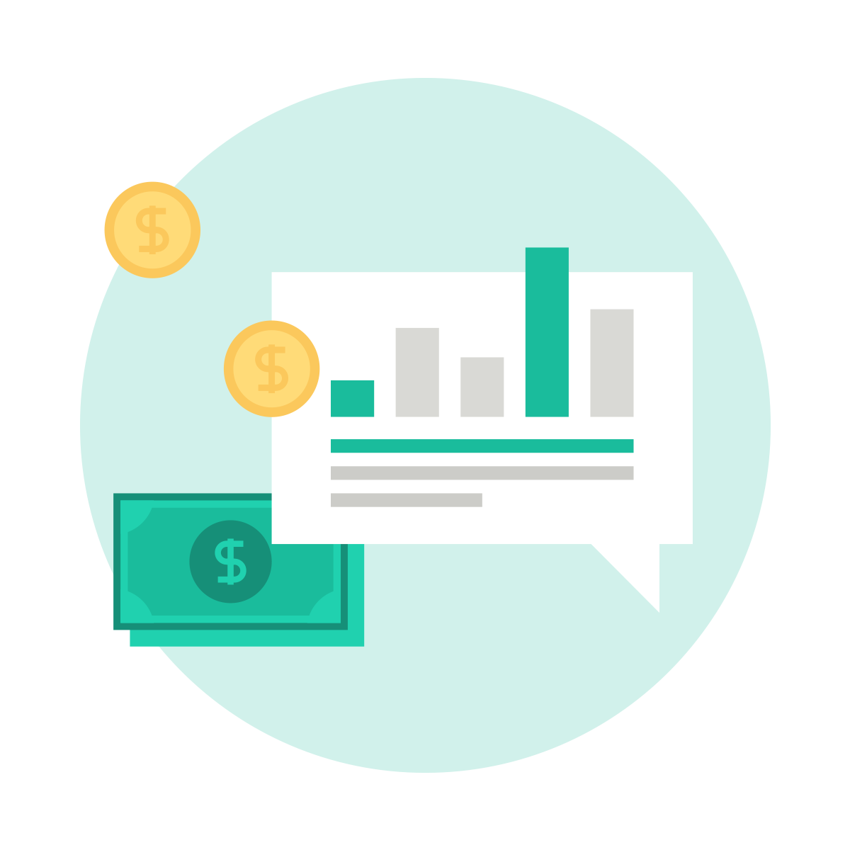 A bar graph surrounded by money