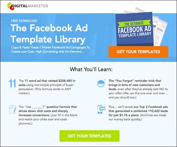 Facebook Ad Template Library landing page
