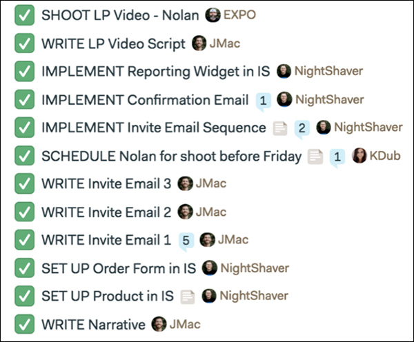 A to-do list with the owner who will create the asset