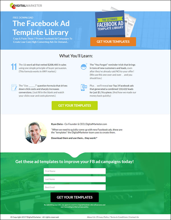 DigitalMarketer squeeze page for a Lead Magnet called "The Facebook Ad Template Library"
