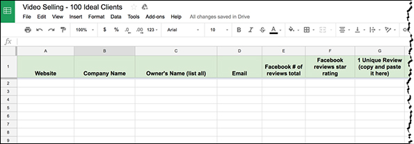 An example of how to set up your ideal client video selling sheet in Google Sheets