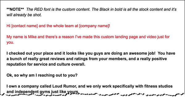 An excerpt of the script sales video script, with red font at the top being the customized content and the black font being the stock content