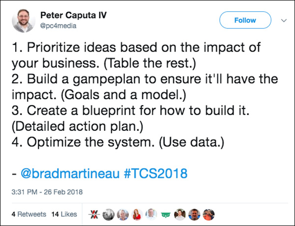 Tweet from Traffic & Conversion Summit 2018 attendee on business growth ideas