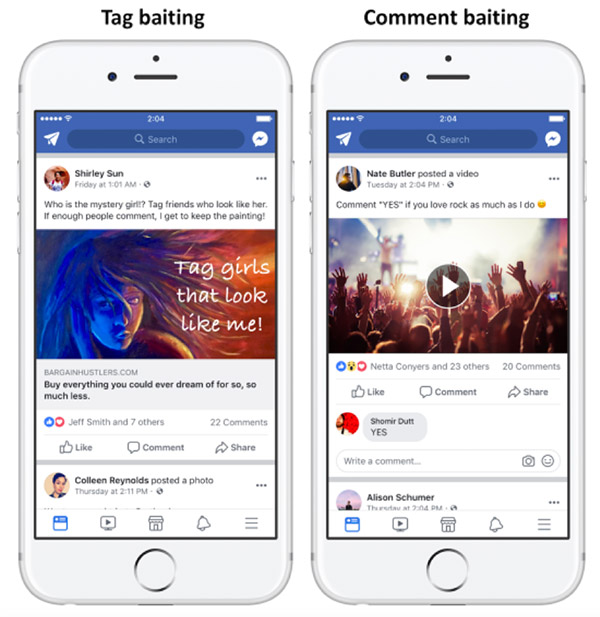 Examples of tag baiting and comment baiting in Facebook