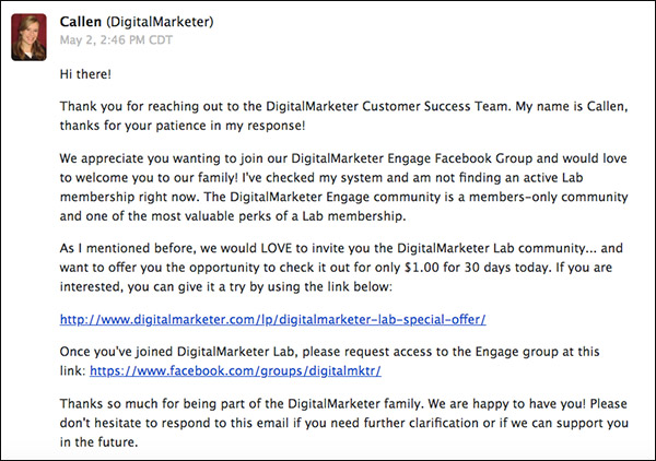 Email sent to a person trying to join DM Engage, notifying them that first they must join DM Lab before they can be admitted to DM Engage