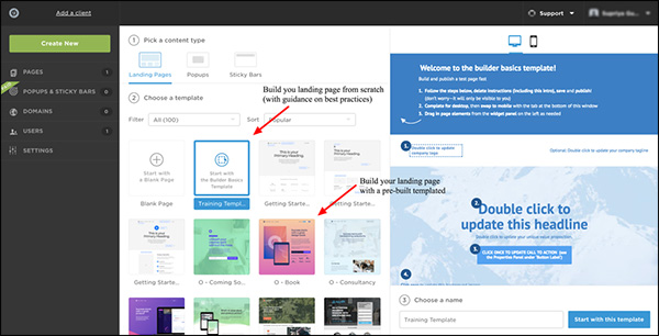 showing different options in Unbounce to make landing pages