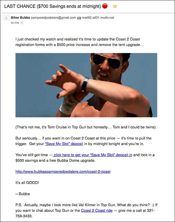 One of the closing emails for Coast 2 Coast using humor and a Top Gun meme