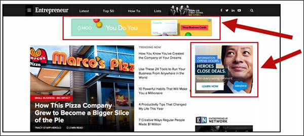 pointing to two different banner ads around a web page
