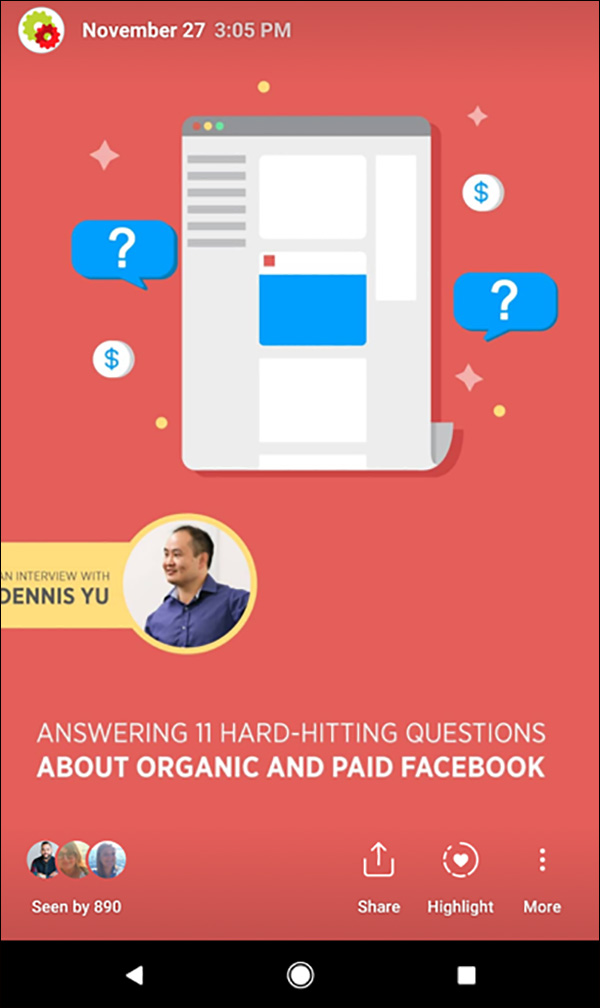 An example of a DigitalMarketer Instagram Story that highlights an interview with Dennis Yu