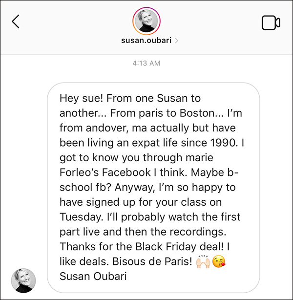 An example of a Instagram direct message with a customer who bought