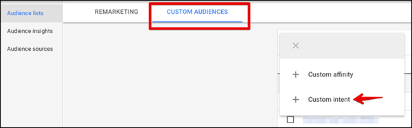 Under Custom Audiences chose to create a custom intent audience