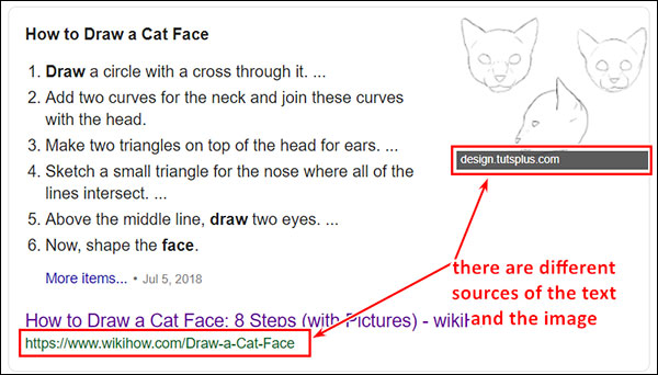 Showing how a featured snippet image may be from a different source