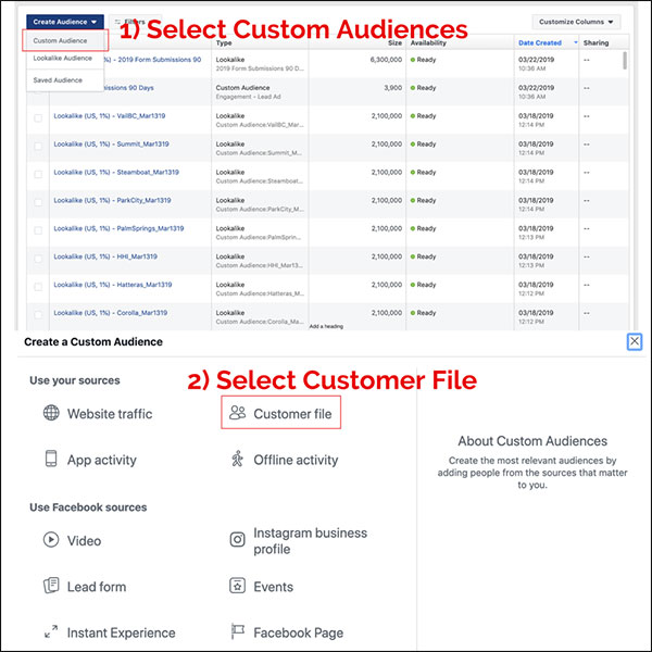 In Facebook Business Manager, just select create a custom audience, and then select Customer File as the source.