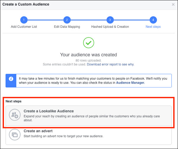 Showing how to create look alike audience on Facebook