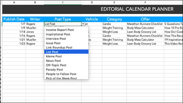 Drop-down menu in the editorial calendar