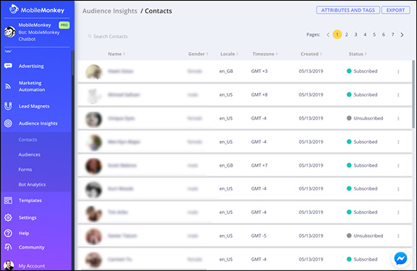 Contacts and audience insights from a Facebook Messenger campaign