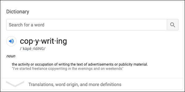 Copywriting definition from Google search