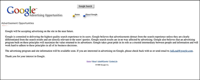 The Google Advertising page before Google Adwords was launched