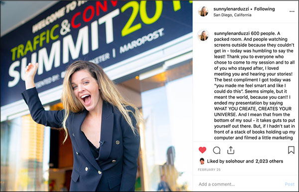 Instagram post by Sunny Lenarduzzi talking about her experience speaking at a marketing conference 
