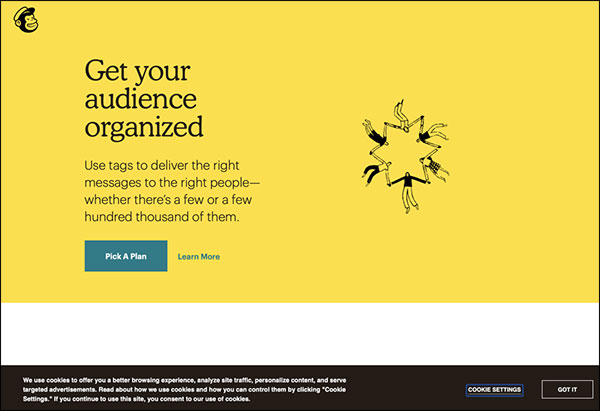 MailChimp's landing page with privacy permissions warning