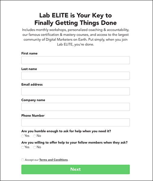 DigitalMarketer Lab Elite landing page form