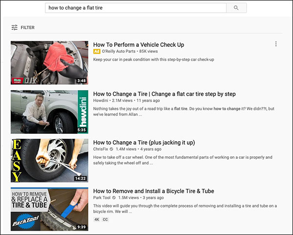 Search for "How to change a flat tire" on YouTube