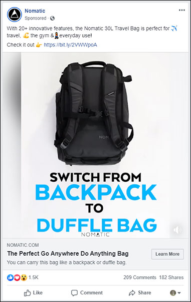 A Nomatic ad for a backpack that shows the evolution of marketing
