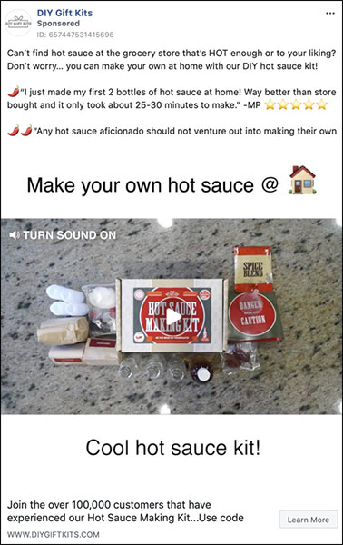 DIY Gift Kits hot sauce ad with regular marketing copy