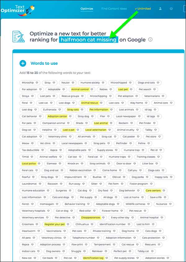 Example semantic search analysis results for halfmoon cat missing