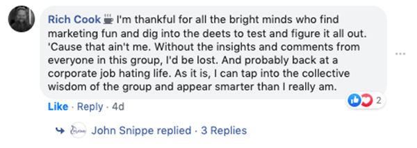 Rich Cook writes a Facebook comment talking about how he's grateful for the bright minds who find marketing fun