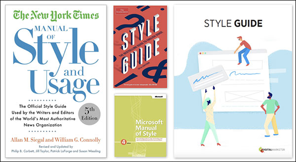 Examples of style guides from The New York Times, Microsoft, and DigitalMarketer