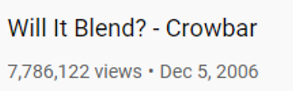 Will It Blend? - Crowbar Youtube view count: 7+ million views