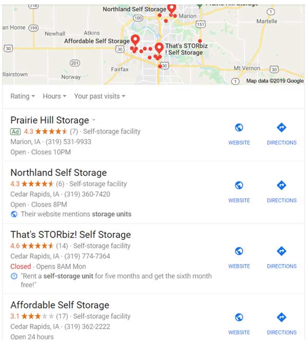 An example of Google local business listings