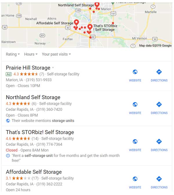 An example of local business listings from Google