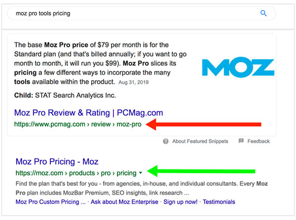 First 2 search results for "moz pro tools pricing" 