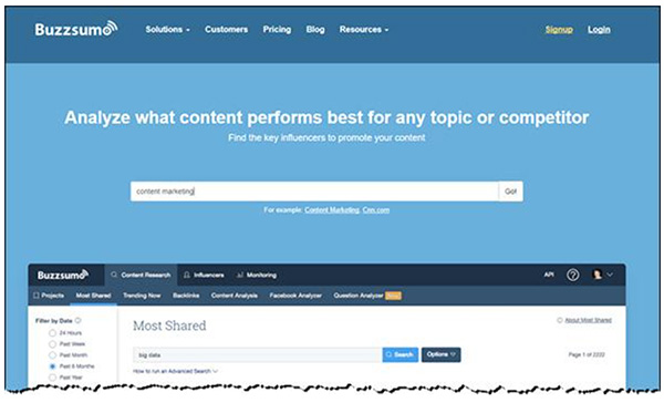 Buzzsumo's homepage with their search feature for analyzing best performing content