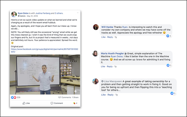 Facebook post of Ryan explaining the mistake we made with our email newsletter